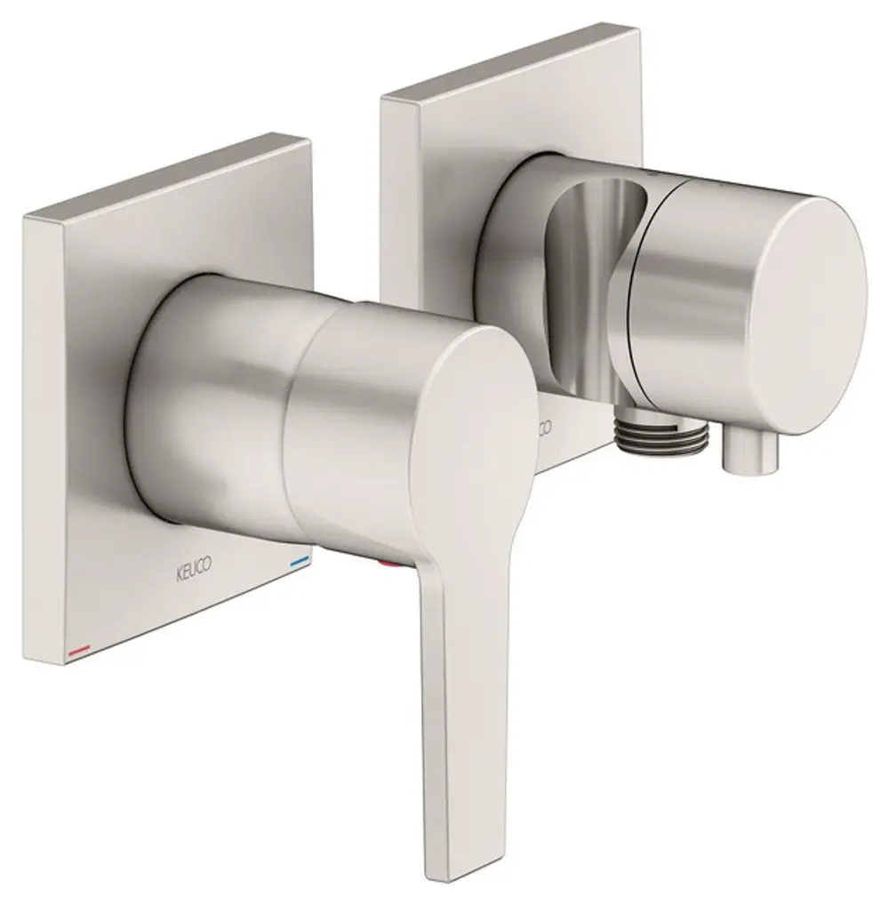 Wandmontierte Mischbatterie von Keuco in gebürstetem Nickel mit zwei Bedienhebeln für Wasserzufuhr und -regelung.